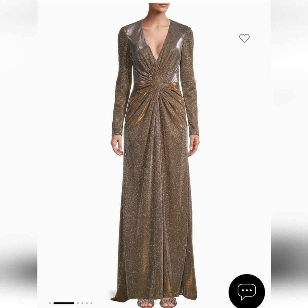 NWT IEENA FOR MAC DUGGAL Size 2 Twist Front Long Sleeve Metallic Gown